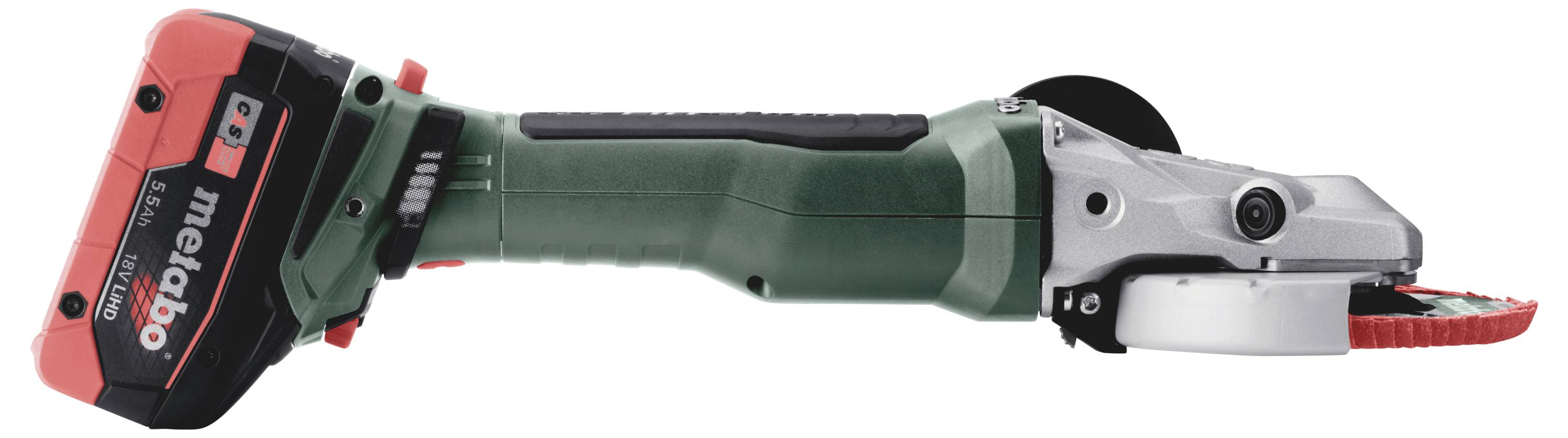 A cordless angle grinder by Metabo with a red battery, positioned sideways. Suitable for cutting and grinding work.