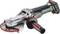 Cordless angle grinder with Metabo logo, green and black, featuring an ergonomic handle and red grinding disc, designed for DIY and trade work.