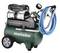Air compressor 'Metabo Basic 220-24 OF Silent' with two wheels, blue hose and pressure gauge. Compact and portable.