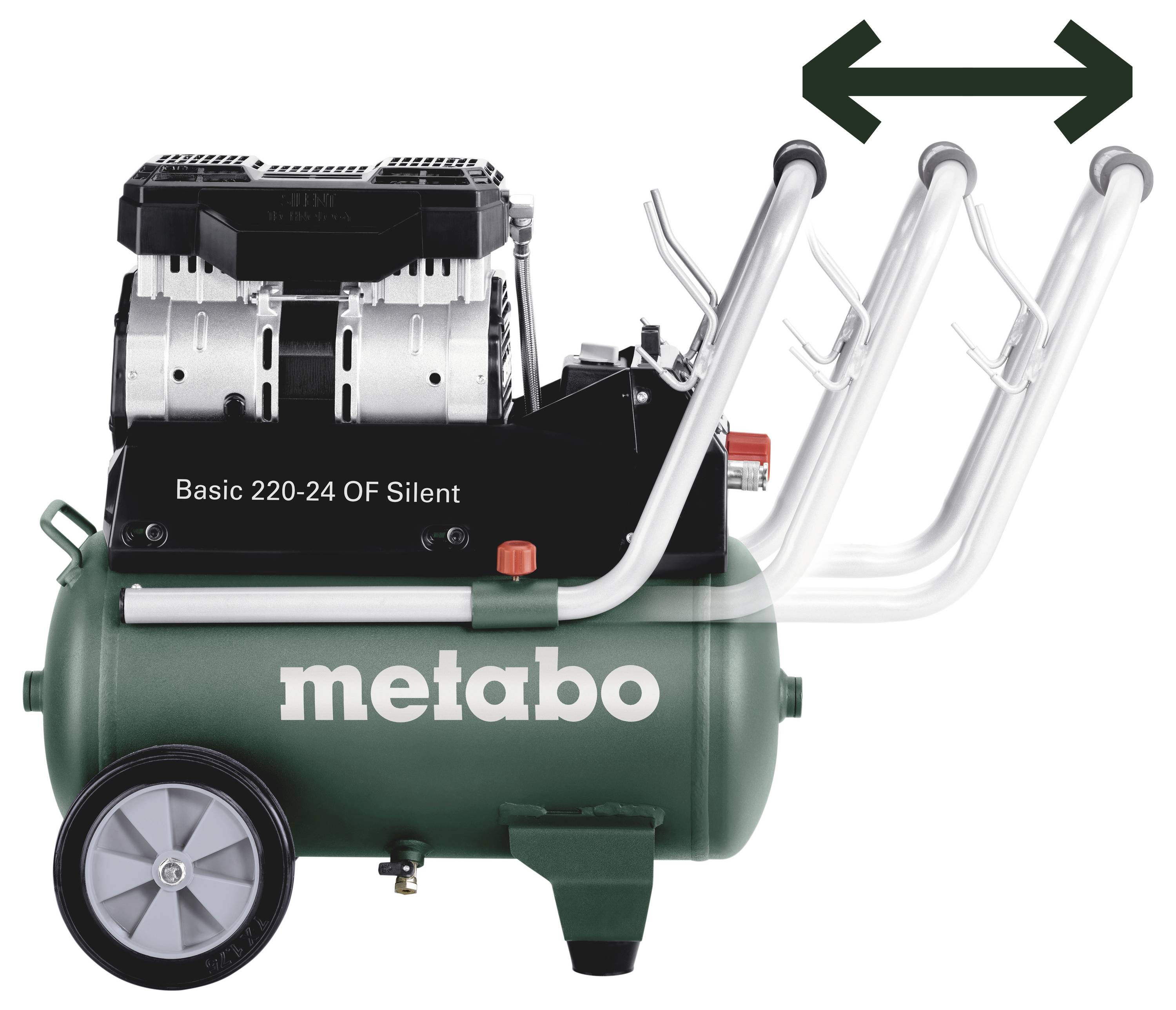 Green Metabo compressor with a black motor and silver handles. Arrow indicates horizontal movement.