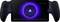 A portable gaming device with two controllers displays the PlayStation logo on a screen with a blue and purple circle.