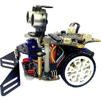 A small, mobile robot with two wheels and numerous colourful cables, equipped with sensors and an electronic control board.