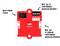 A red circuit board with connections for up to 2 motor modules and 4 servomotors. On the left, a battery compartment.