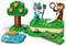 A playful scene of toy figures in a garden setting. A frog character holds a shovel while an owl character examines a magnifying glass.