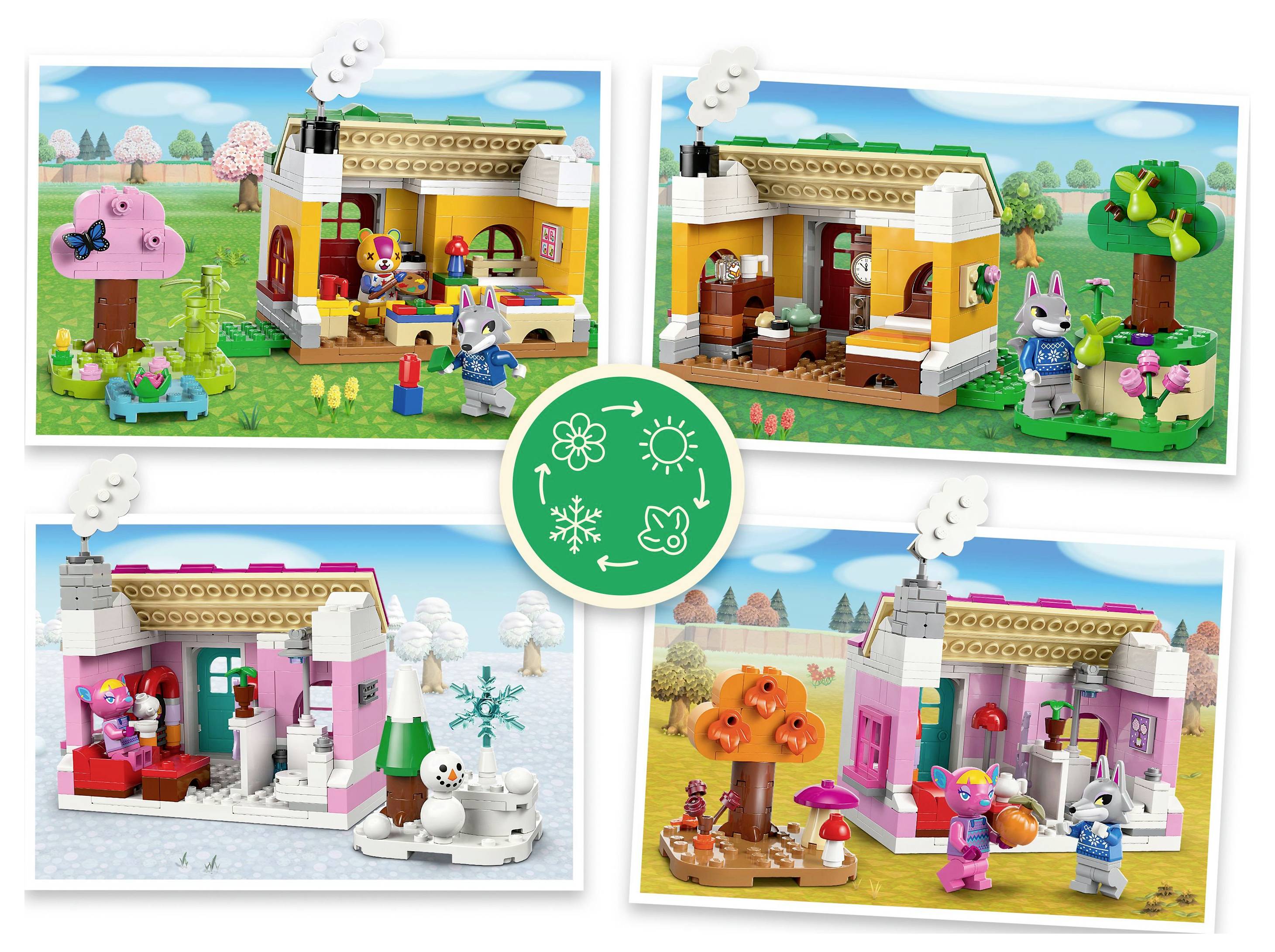 Four scenes depict seasonal changes with a toy house and characters: spring with flowers, summer with bright trees, winter with snow, and autumn with fallen leaves.
