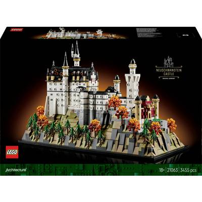 LEGO model of Neuschwanstein Castle on a rocky landscape, with autumn trees. Box shows 'Neuschwanstein Castle, Germany' and piece count.