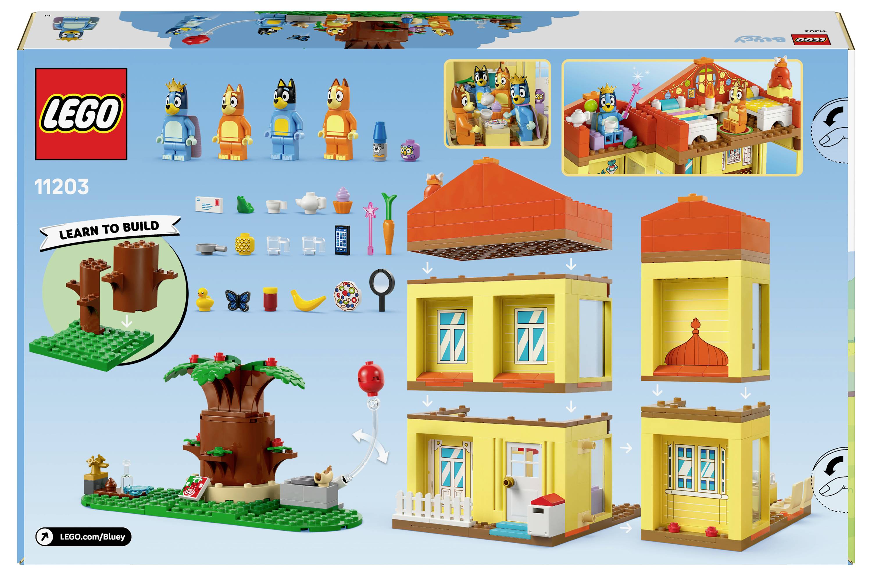 LEGO set box with building components and features. Includes treehouse and house builds, and figures. Emphasizes 'Learn to Build'.