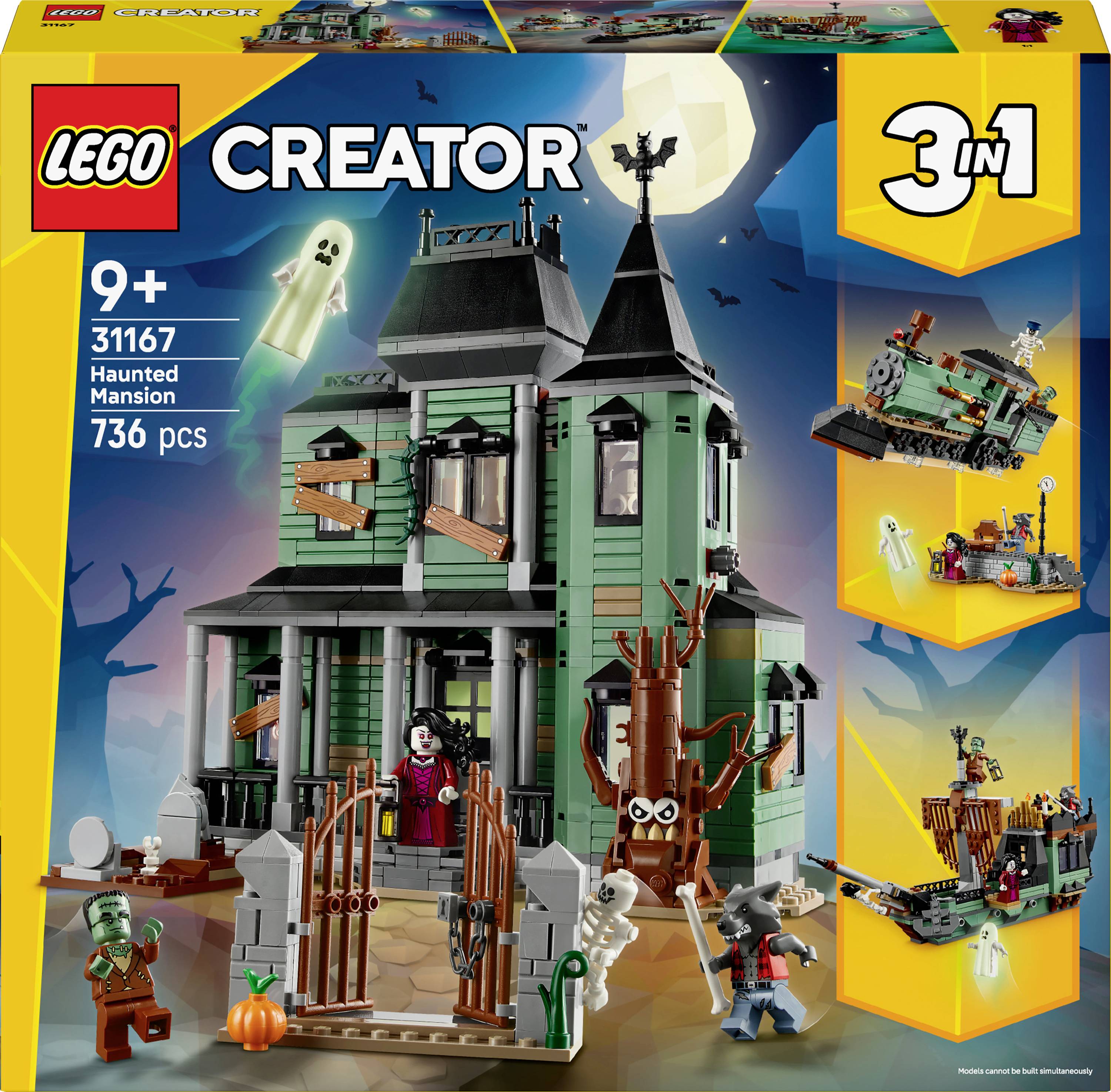 LEGO Creator set: Haunted Mansion, 3-in-1 build, ages 9+, 736 pieces. Features spooky house, ghost, vampire, and alternate builds.