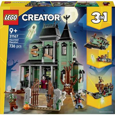 LEGO Creator set: Haunted Mansion, 3-in-1 build, ages 9+, 736 pieces. Features spooky house, ghost, vampire, and alternate builds.