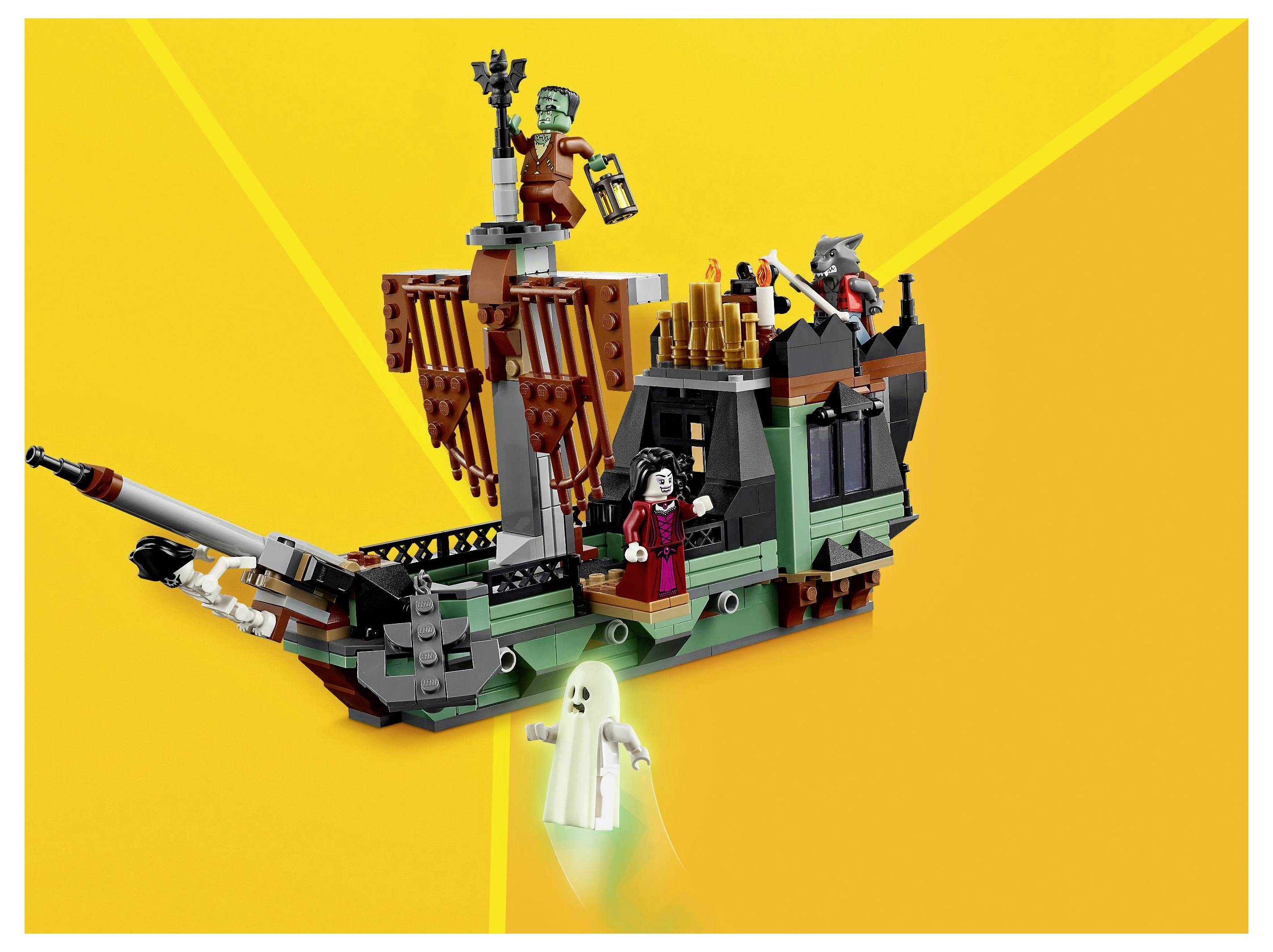 A LEGO pirate ship set with a ghost and pirate minifigure on a bright orange background.