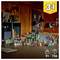 Main subjects are three LEGO builds: a haunted house, a pirate ship, and a monster truck, set in a cozy, wooden room with dim lighting.
