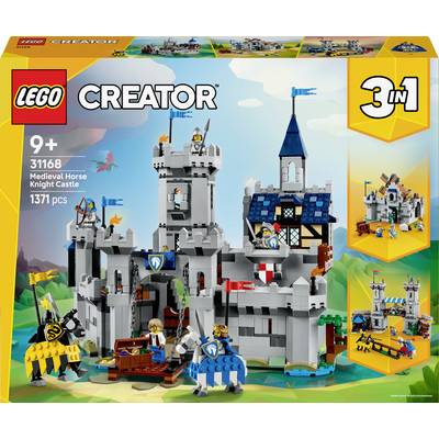 'Lego Creator 3-in-1 Medieval Horse Knight Castle set for ages 9+, model 31168, includes 1371 pieces. Box shows castle and alternate builds.'