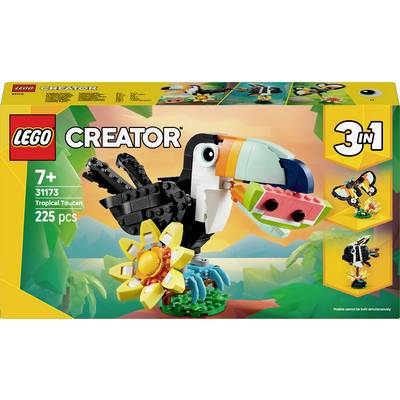 'Lego Creator 3-in-1 Tropical Toucan set, suitable for ages 7 and up, 225 pieces, featuring a buildable toucan with a flower.'