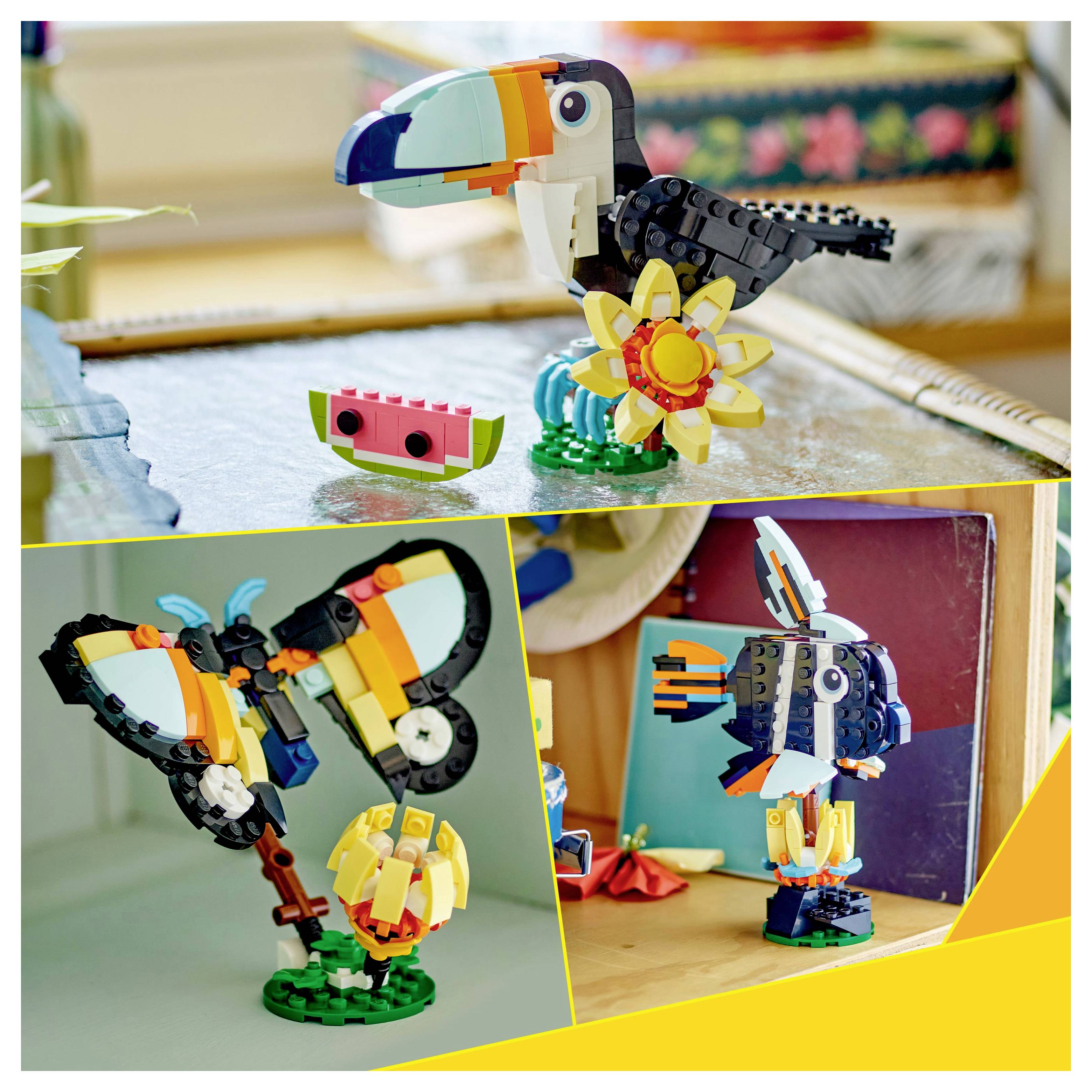 Three colorful LEGO models: a toucan perched on a flower, a butterfly with outspread wings, and a bird in flight on a wooden table.