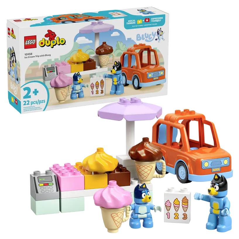 LEGO Duplo playset featuring a small orange car, ice cream cones, and colorful blocks. Box indicates suitable for ages 2+ with 22 pieces.