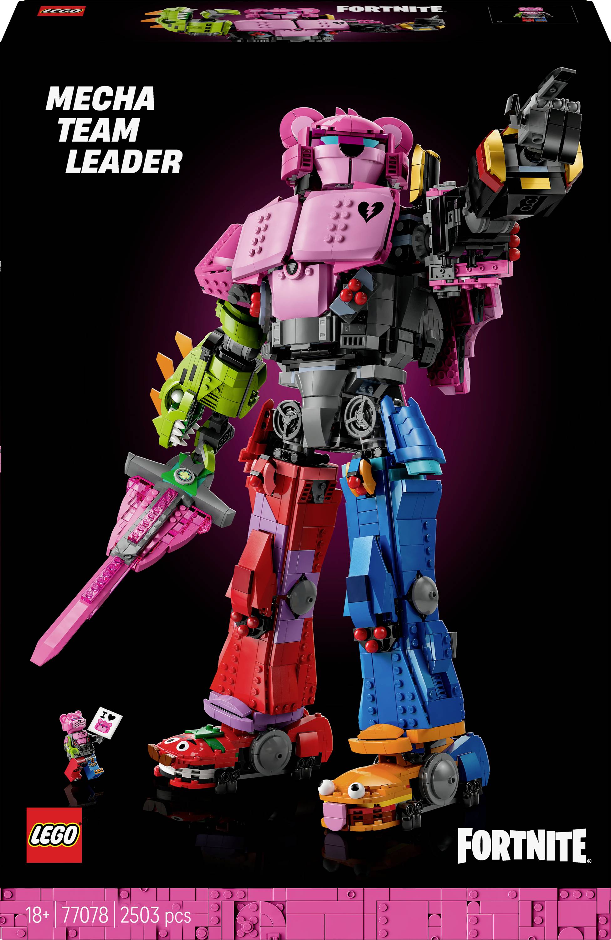'Lego Fortnite Mecha Team Leader set with brightly colored robot, removable helmet, and various accessories included.'