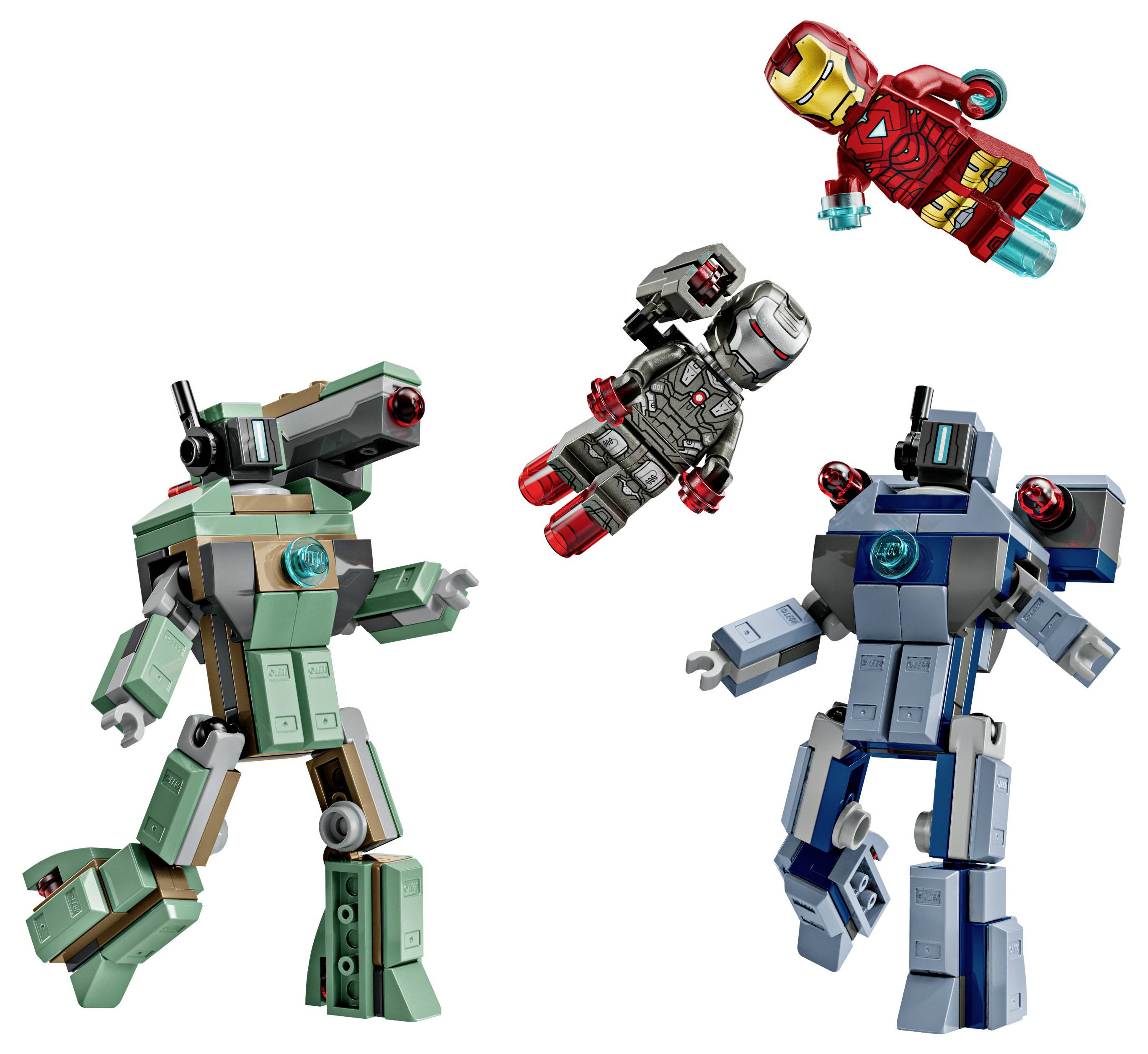 Toy robots and figures resembling superheroes are assembled in various poses. One figure flies upwards, while three robot figures stand.