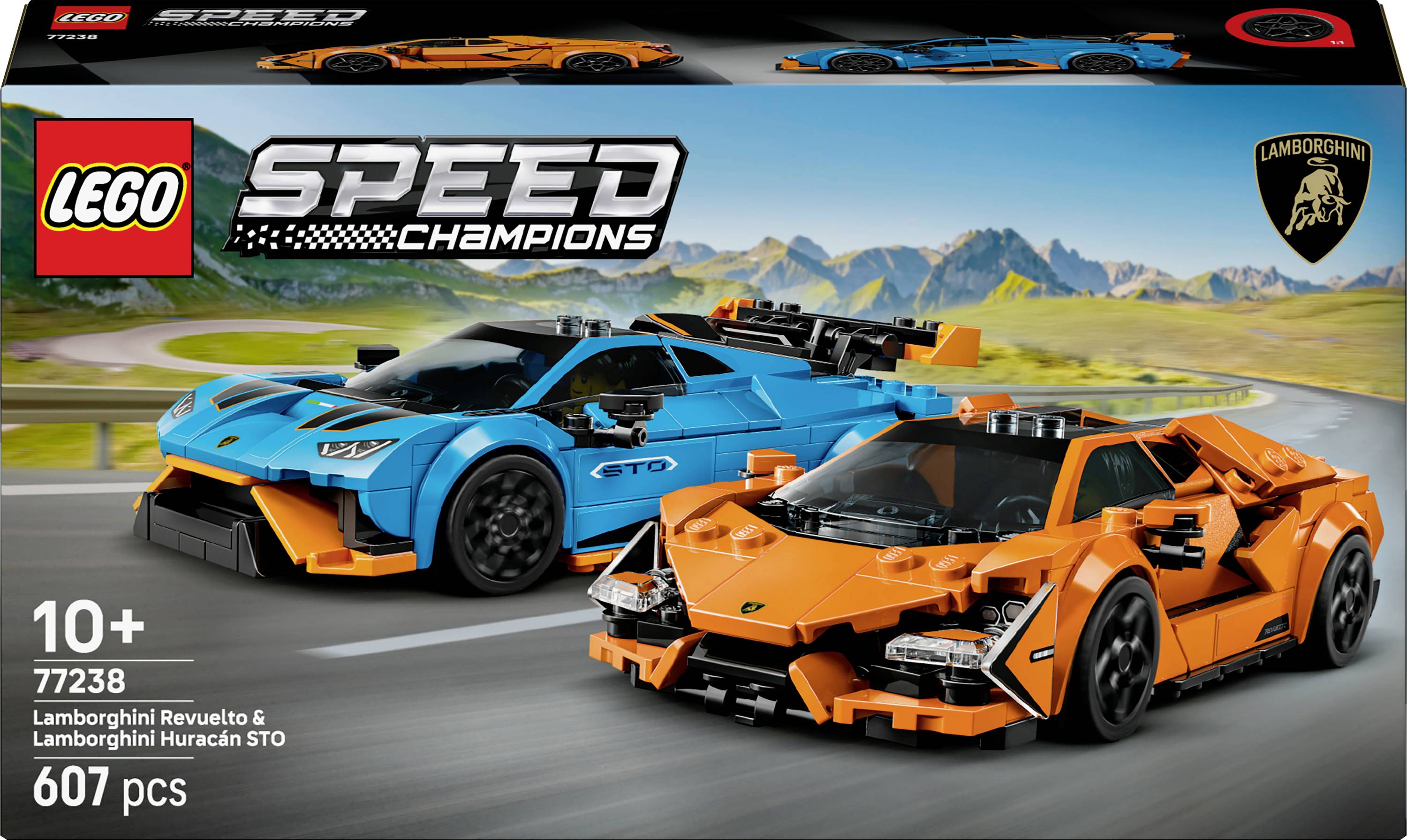'Lego Speed Champions set featuring a blue Lamborghini Revuelto and an orange Lamborghini Huracán STO. Set number 77238, 607 pieces.'