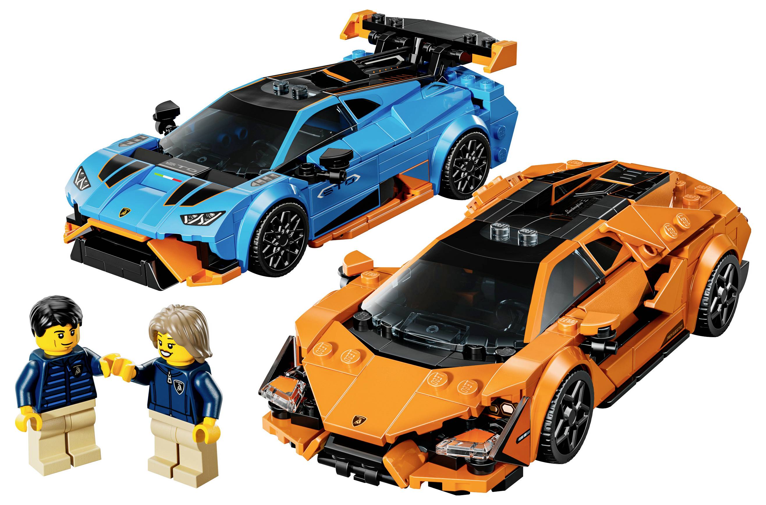 Two toy cars, blue and orange, with two figures in blue jackets. The cars have sporty designs, resembling race cars.