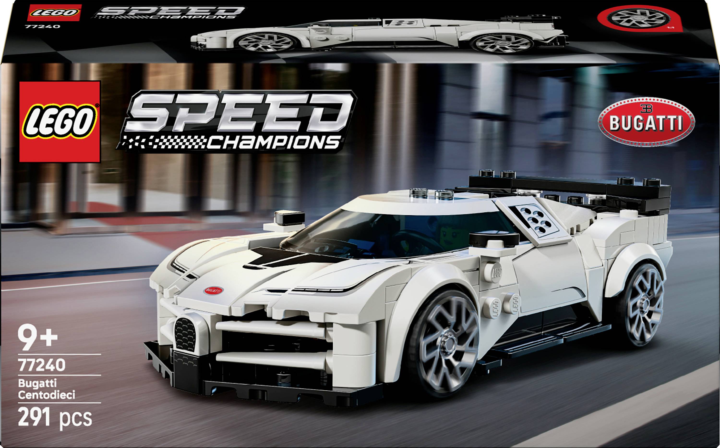 LEGO Speed Champions Bugatti Centodieci set with 291 pieces for ages 9 and up, featuring a detailed white sports car model.