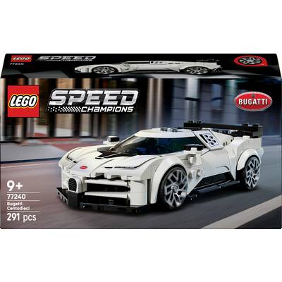 LEGO Speed Champions Bugatti Centodieci set with 291 pieces for ages 9 and up, featuring a detailed white sports car model.