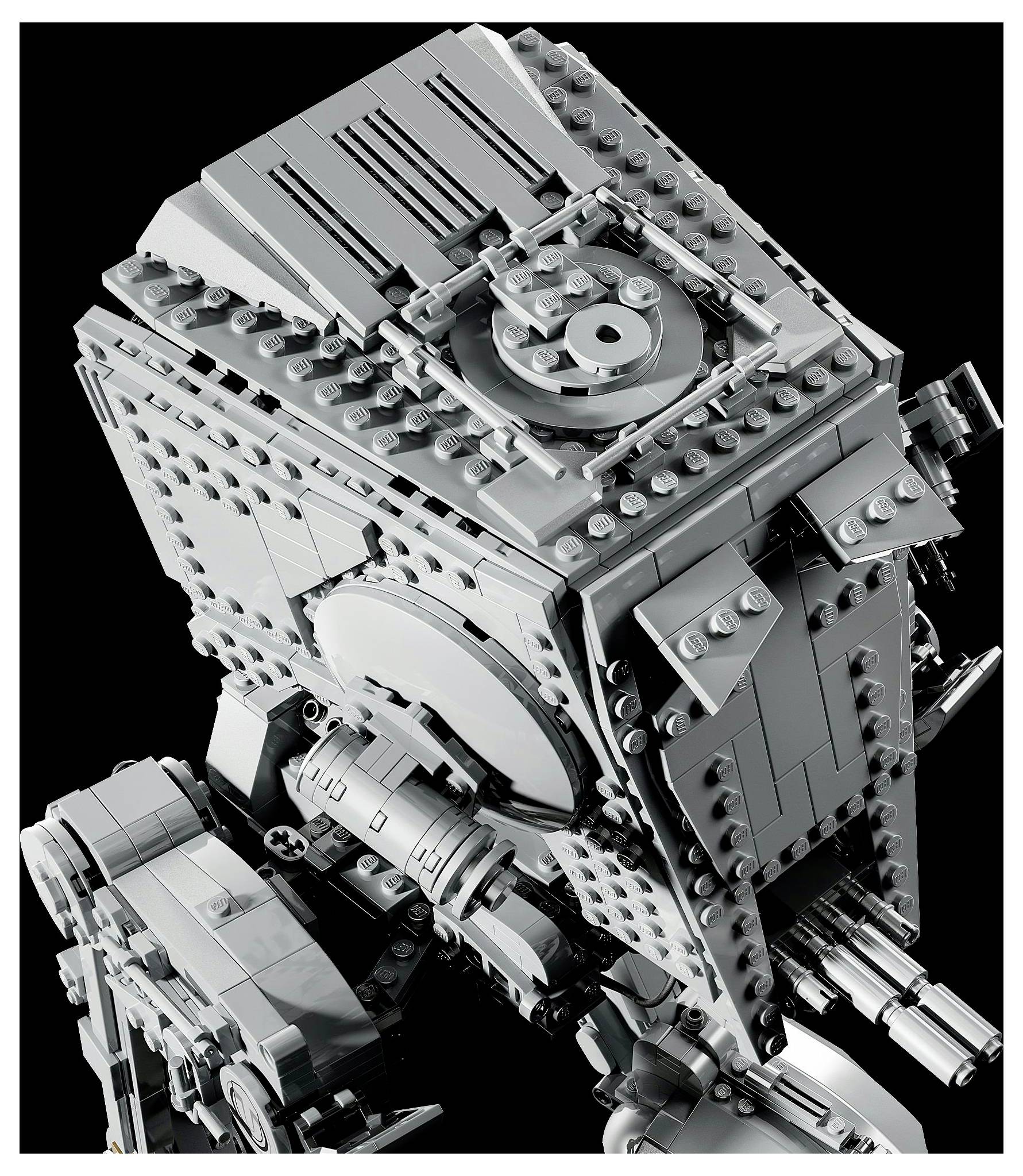 A detailed model of a walking vehicle built from interlocking blocks, resembling a mechanical biped with a rectangular head set against a black background.