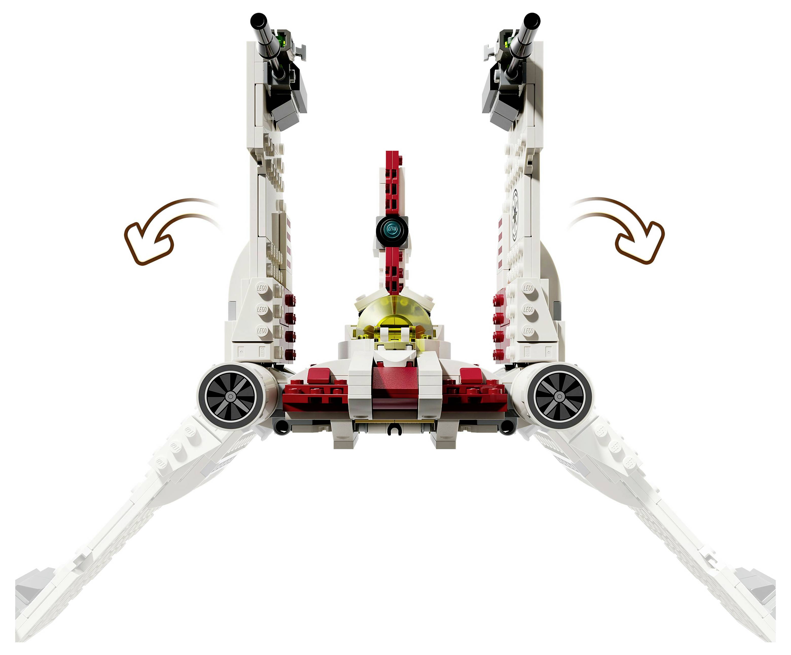 A LEGO model of a starfighter with wings in a vertical position, featuring twin cannons and a central cockpit with a pilot figure.