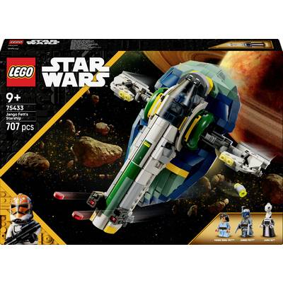 'Lego Star Wars: Jango Fett's Starship' set for ages 9 and up. Includes 707 pieces and three mini-figures: Young Boba Fett, Jango Fett, and a Mobile Suit.