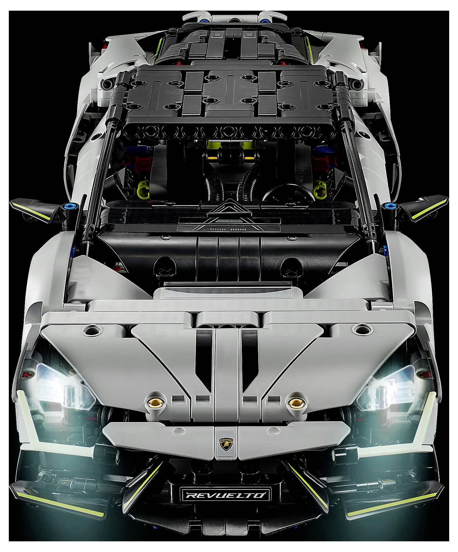 A model car made from interlocking building blocks, featuring a sleek, futuristic design with visible headlights and a prominent front emblem.