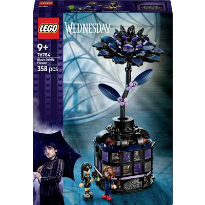 Lego set featuring a black dahlia flower with 358 pieces, part of a 'Wednesday' theme for ages 9 and up, includes mini-figures.