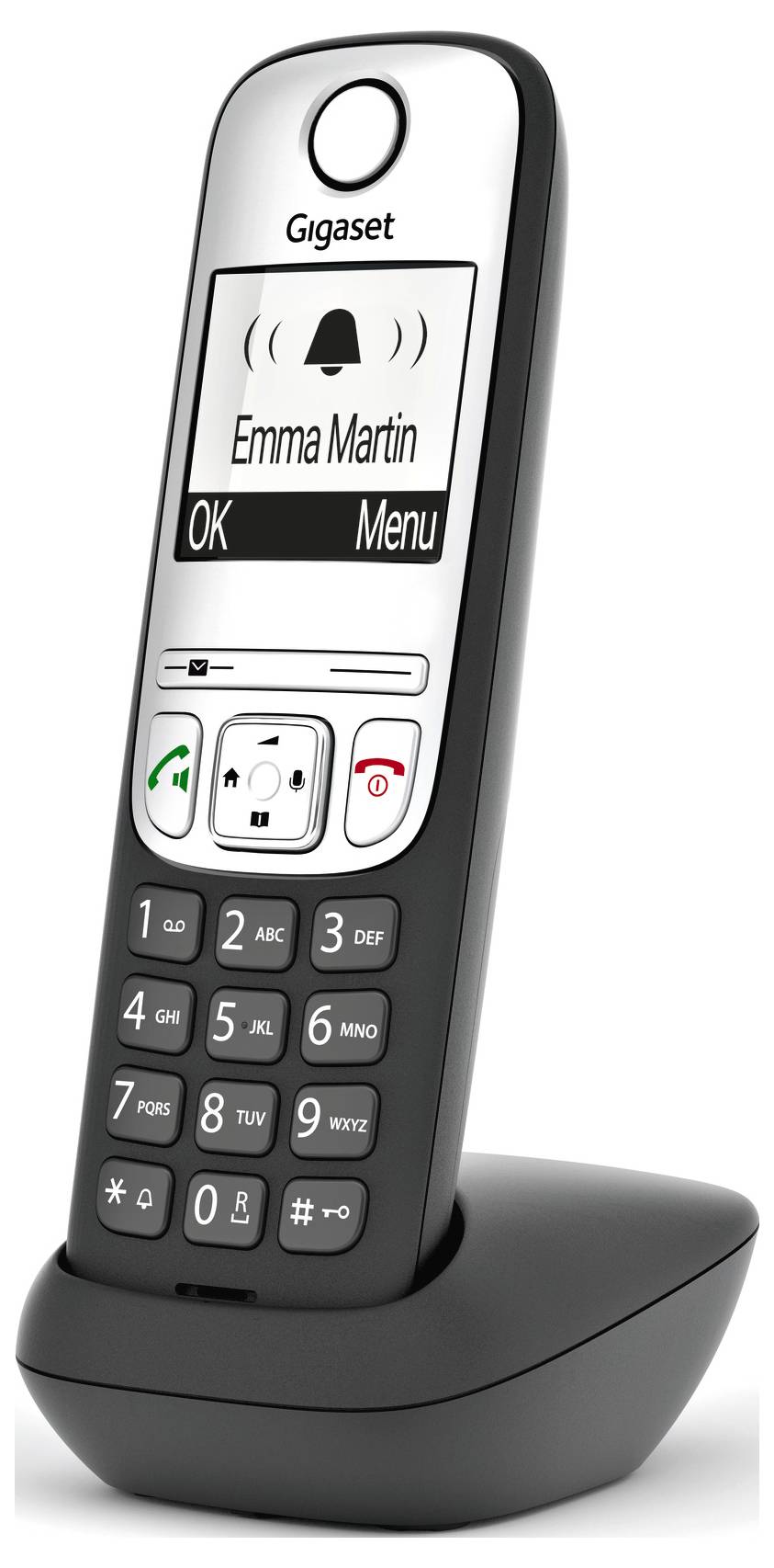 Cordless landline telephone in black and silver with a display showing 'Emma Martin', standing on a charging base.