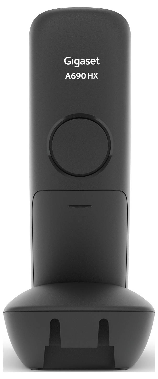A black Gigaset A690 HX telephone in its charging station, with the back side visible. Ideal for use in the office or at home.
