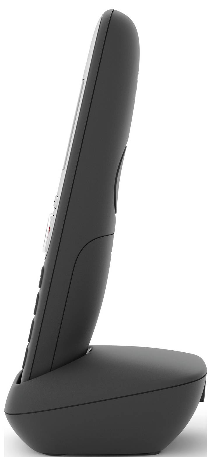 A black cordless telephone standing sideways on its base station, showcasing its sleek design and ease of use.