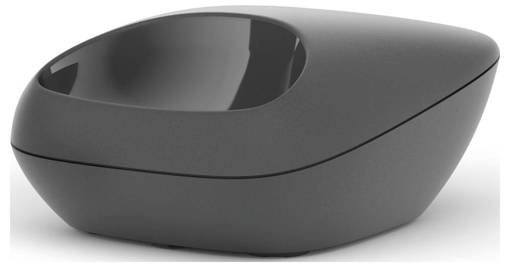 Grey, modernly designed bowl with a wide, flat rim and recessed inner surface.