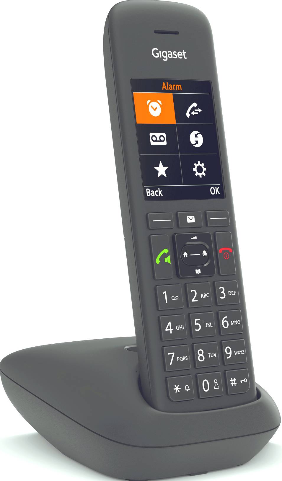 A cordless telephone, standing on a base station. The display shows a menu with icons for settings, alarm, and more.