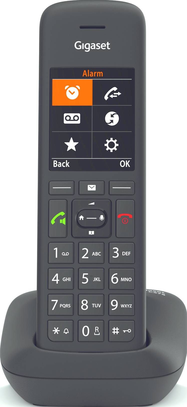 Cordless telephone in a charging station, display showing menu with options such as alarm and call lists, keypad below.