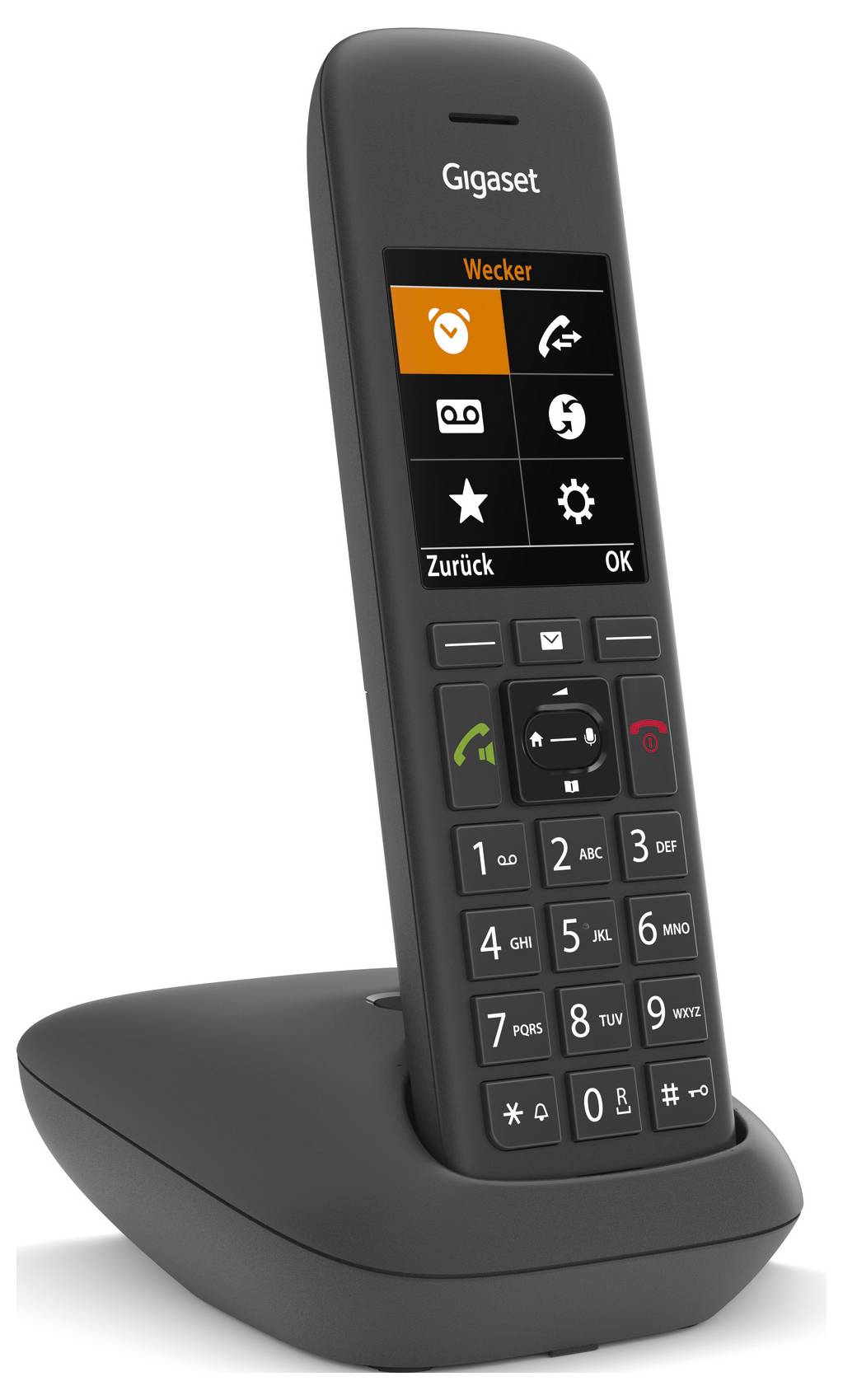Cordless landline telephone with colour display, speed dial buttons, and charging station. Screen shows menu options such as 'Alarm' and 'Contacts'.