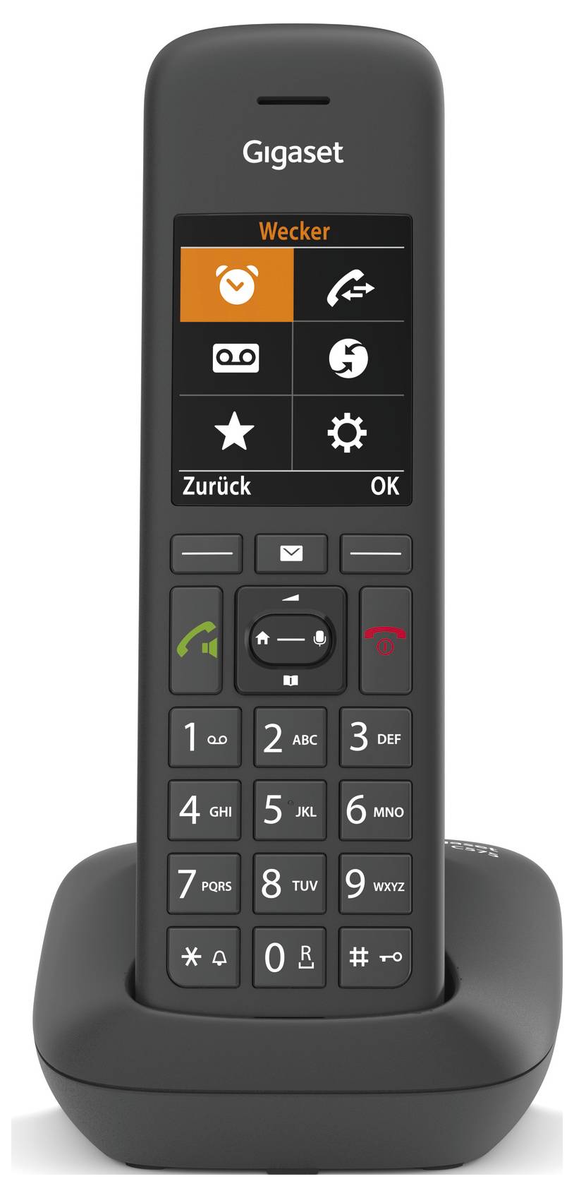 A cordless telephone with display and keypad, showing symbols for alarm clock, messages, and settings.