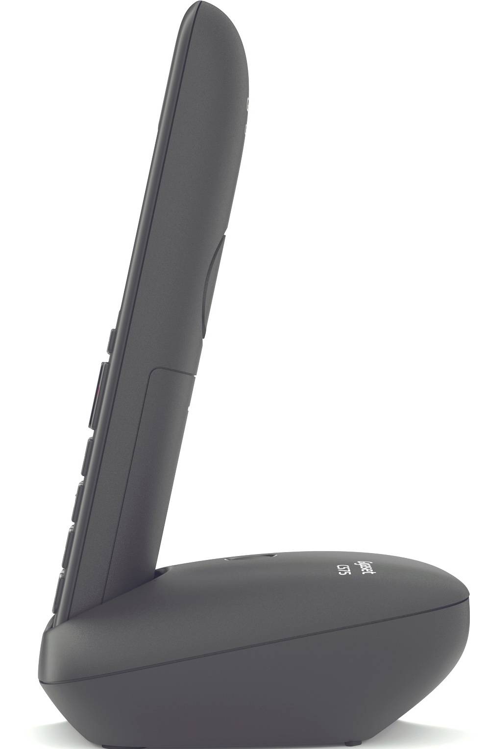 Cordless DECT telephone positioned sideways on its charging station. Quick-dial buttons visible, with a sleek, modern design.