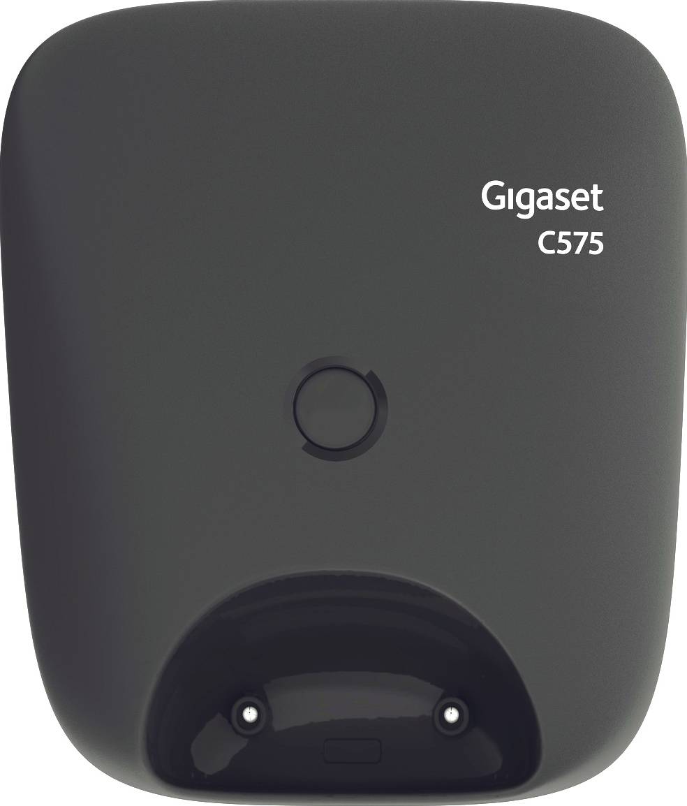 Black Gigaset C575 charger with two metal contacts and a centred button.