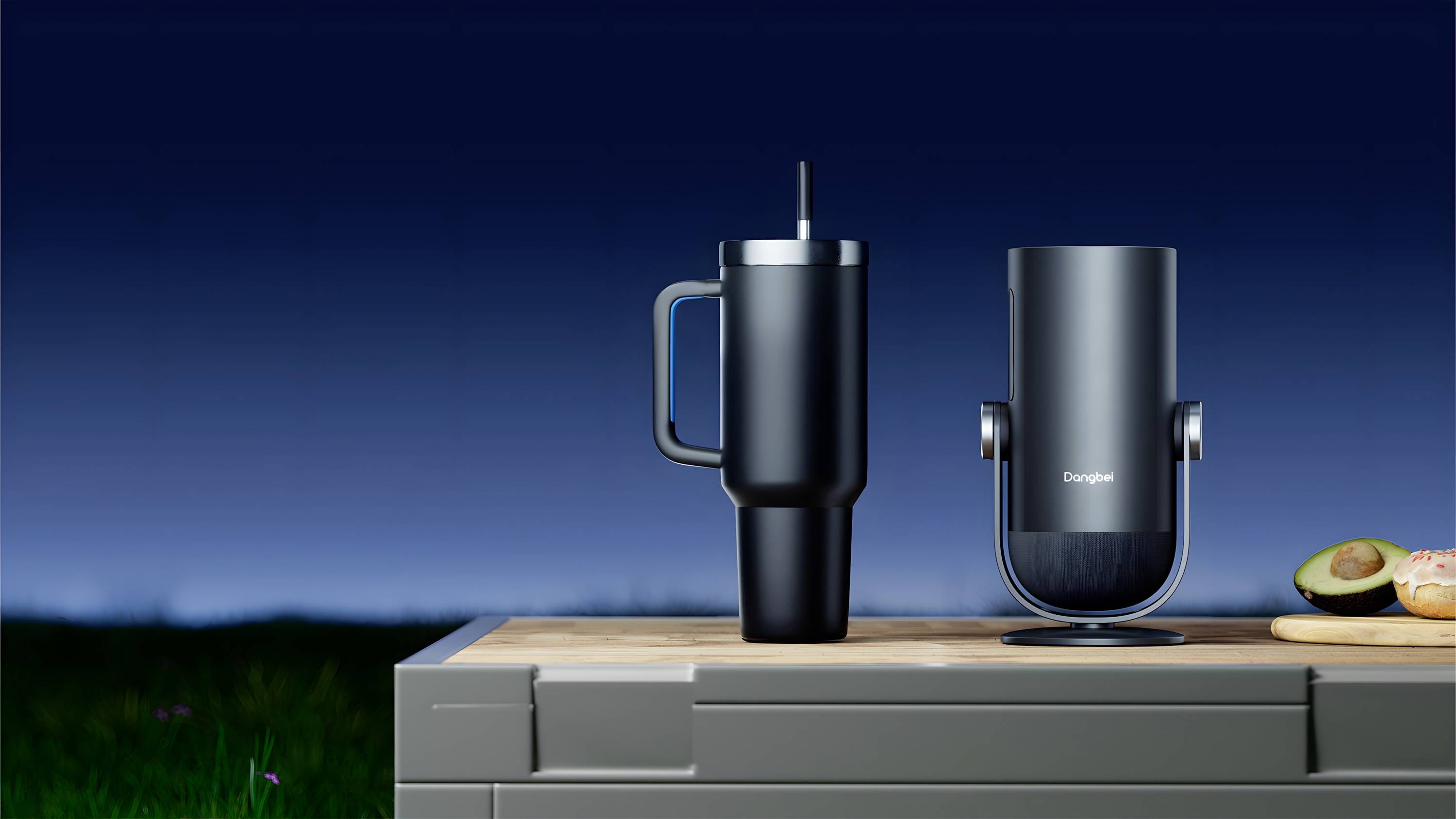 On a table, there is a black thermal mug with a handle and drinking straw, alongside a small black speaker against a dark sky.