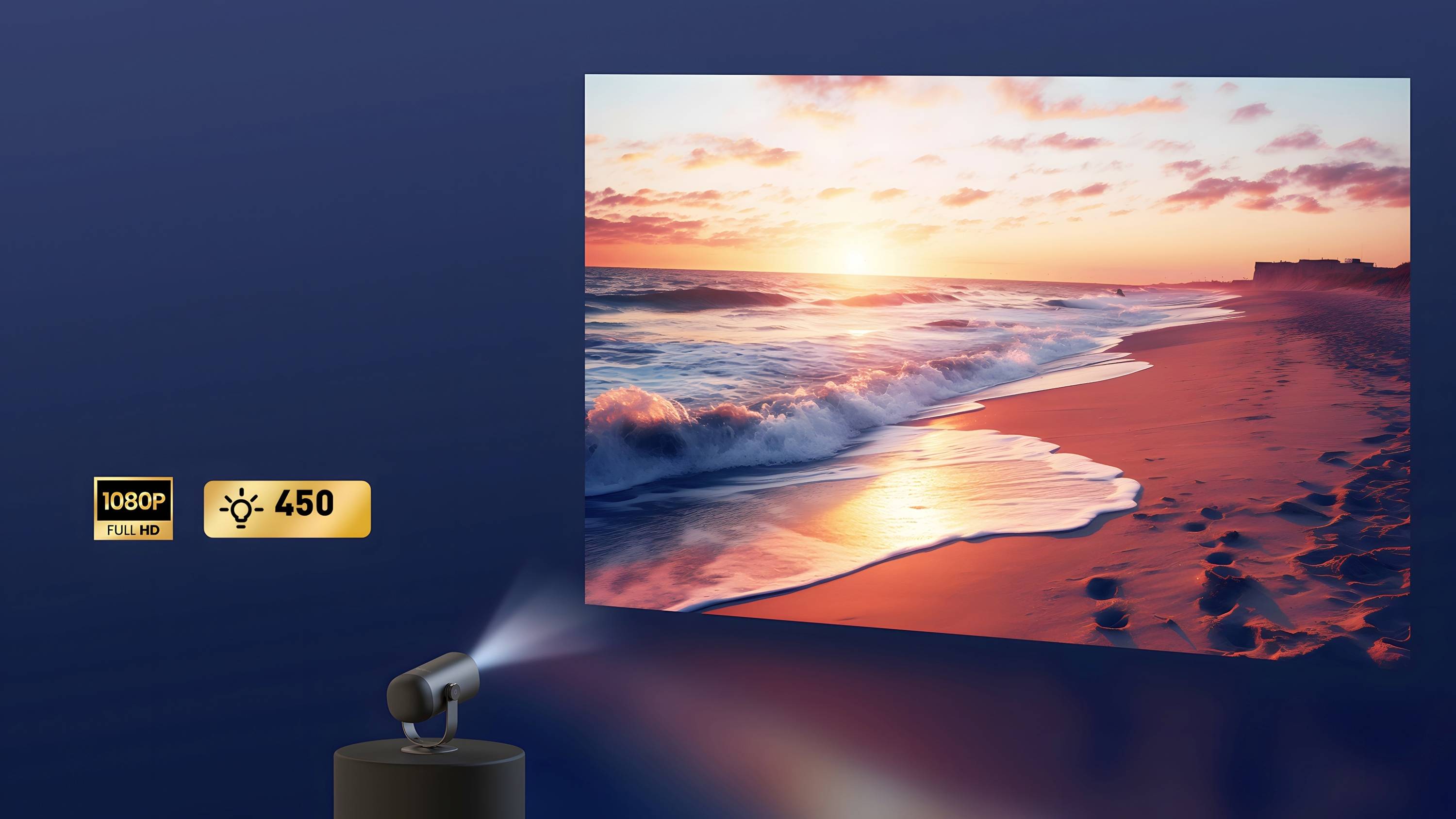 A projector displays an image of a sunset on a beach with gentle waves. Display: 1080P Full HD, Brightness 450 Lumens.
