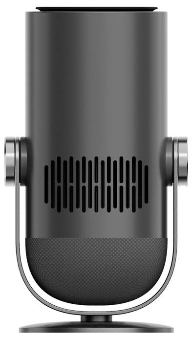 A black modern microphone with a cylindrical body on a stable stand, suitable for sound recording and broadcasting.