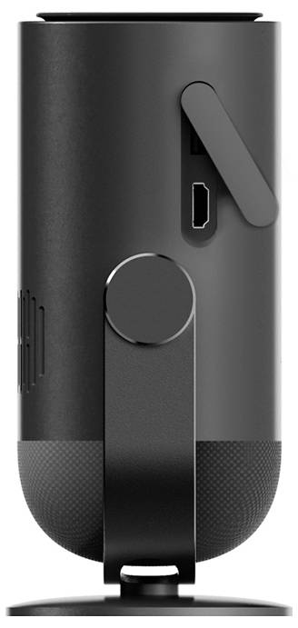 Black microphone viewed from the side, mounted on a stand, with USB and audio connections.