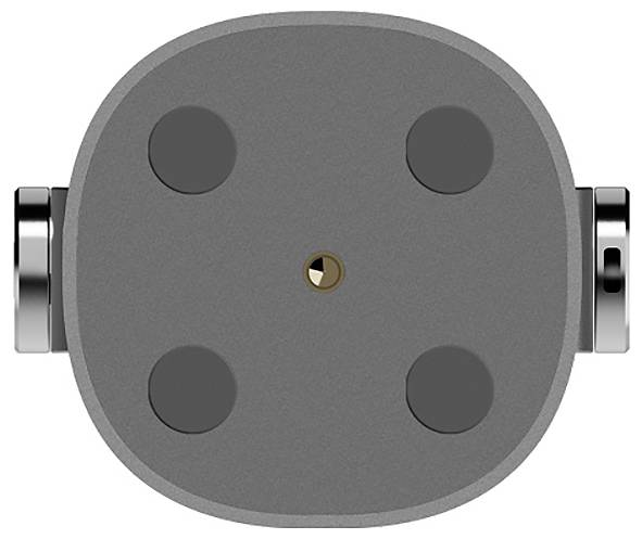 Grey, oval representation with four black circles and a central golden point, surrounded by two metallic connectors on the sides.