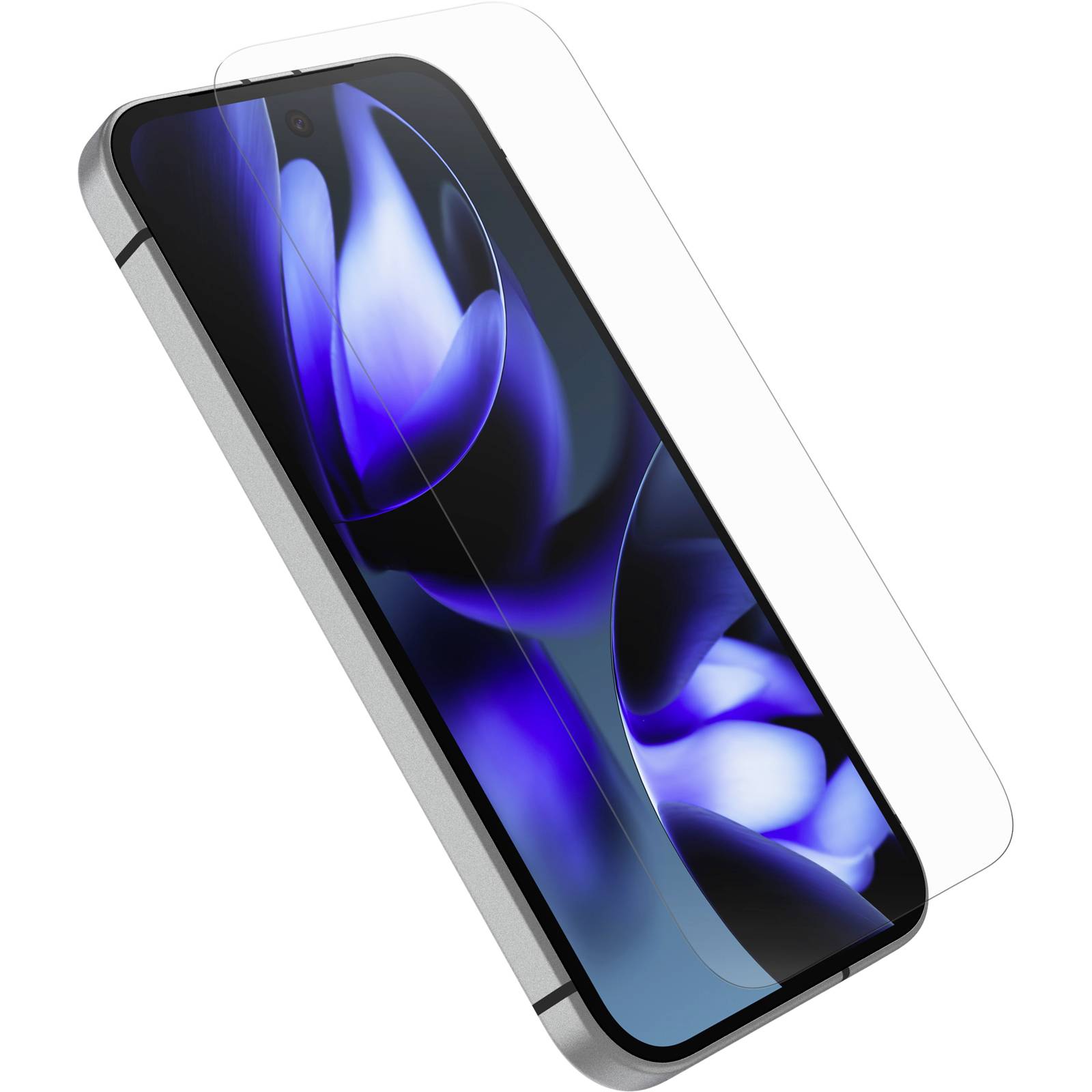 Smartphone with angular design and a blue, abstract image on the screen. A display protector is slightly positioned over it.