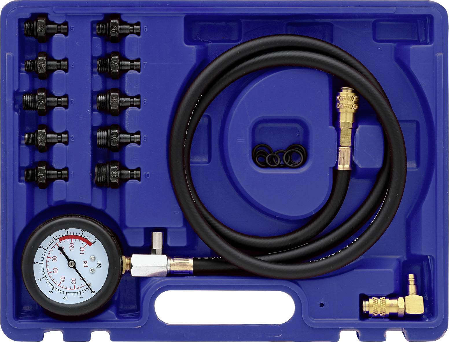 A pressure gauge set with various connections and a pressure meter in a blue case for measuring tyre pressure.