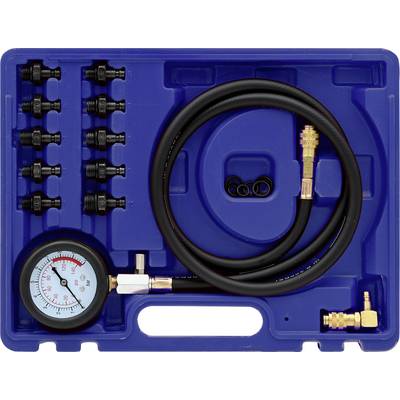 A pressure gauge set with various connections and a pressure meter in a blue case for measuring tyre pressure.