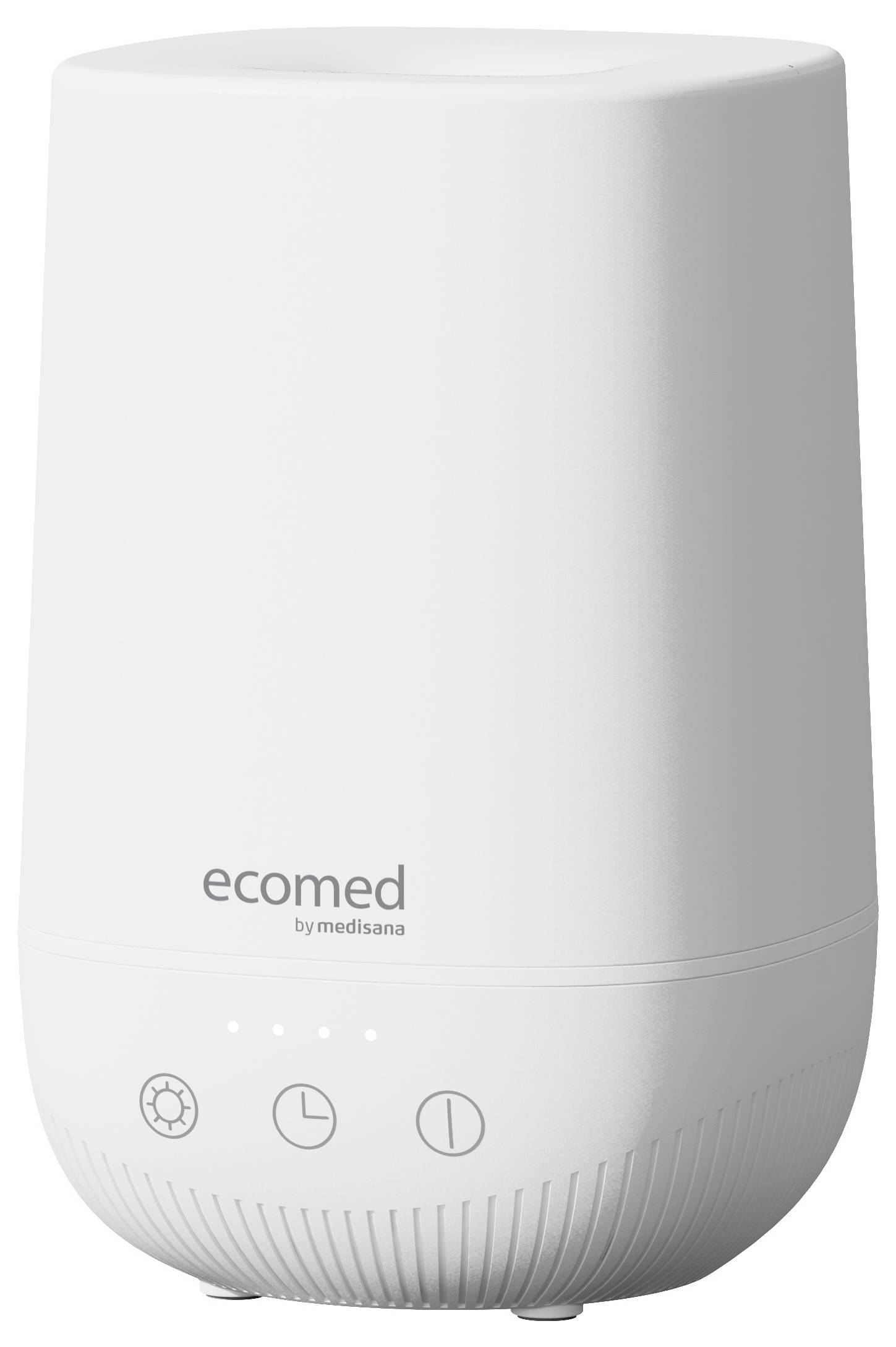 A white air humidifier by Ecomed with a simple, cylindrical design. Three control buttons and LED indicators are visible at the bottom.