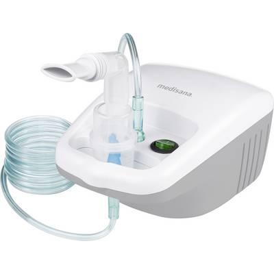 A white inhaler with a green button and a mouthpiece. A clear tube is connected. Brand 'medisana'.